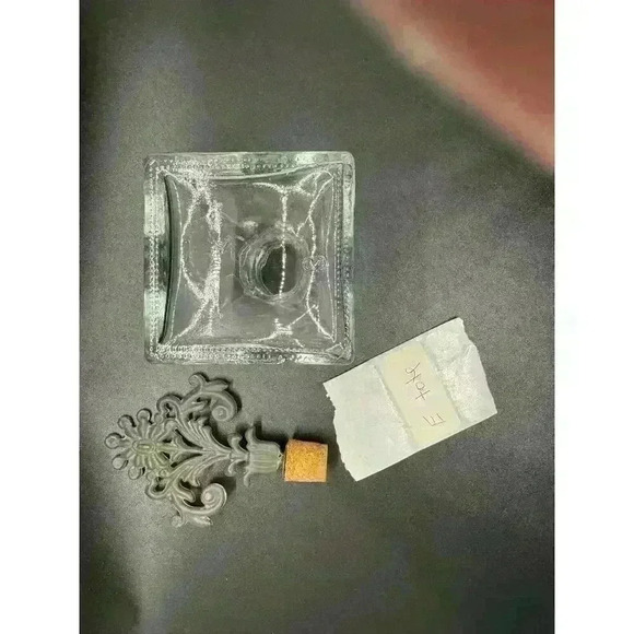 Perfume Bottle with Handblown Wide Glass Base, Metal Floral Accent Cork Stopper - Picture 7 of 8